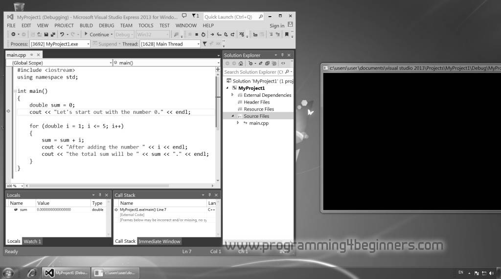 Debugger and console windows on desktop