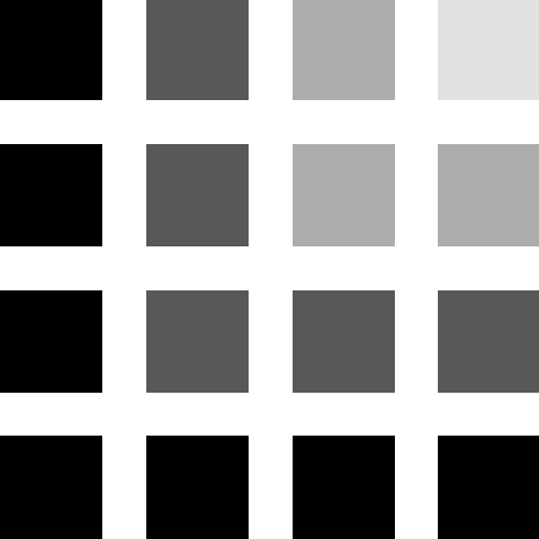A 4x4 square of squares. The brightest one in top left. 
The darker three around it. The dark five around them. The darkest 7 around them.